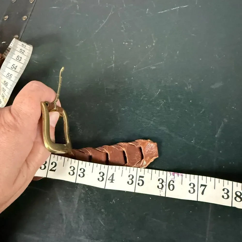 Vintage Brown Leather Woven Belt Solid Brass Buckle Unisex Size S/M